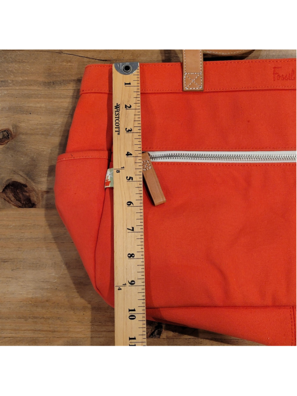 Fossil Orange Canvas Tote Bag Brown Leather Handles Shoulder Purse Zip Top - Picture 14 of 14